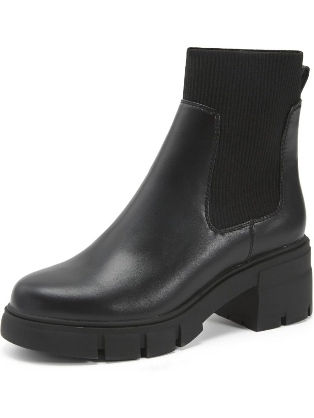 Women's Black Faux Leather Elastic Chelsea Chunky Block Heel Lug Sole Ankle Boot